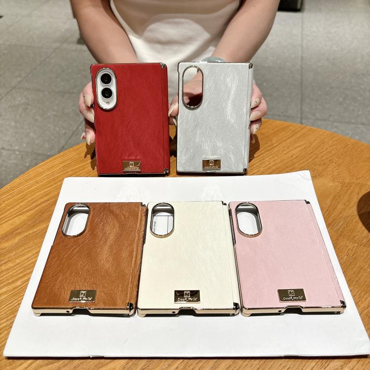 Nameplate Electroplated Central Axis Magnetic Silk Textured Leather Phone Case, For Galaxy Z Fold8 5G