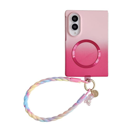 Skin Feel Gradient Rose Pink Magnetic Phone Case with DIY Wrist Strap, For Galaxy Z Fold8 5G, For Galaxy Z Fold8 Ultra 5G, For Galaxy Z Flip8 5G, For Galaxy Z Fold7 5G, For Galaxy Z Flip7 5G, For Galaxy Z Fold6 5G, For Galaxy Z Fold5 5G