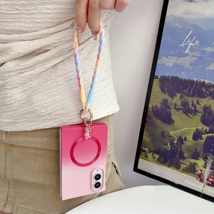 Skin Feel Gradient Rose Pink Magnetic Phone Case with DIY Wrist Strap, For Galaxy Z Fold8 5G, For Galaxy Z Fold8 Ultra 5G, For Galaxy Z Flip8 5G, For Galaxy Z Fold7 5G, For Galaxy Z Flip7 5G, For Galaxy Z Fold6 5G, For Galaxy Z Fold5 5G