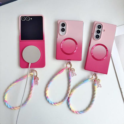 Skin Feel Gradient Rose Pink Magnetic Phone Case with DIY Wrist Strap, For Galaxy Z Fold8 5G, For Galaxy Z Fold8 Ultra 5G, For Galaxy Z Flip8 5G, For Galaxy Z Fold7 5G, For Galaxy Z Flip7 5G, For Galaxy Z Fold6 5G, For Galaxy Z Fold5 5G