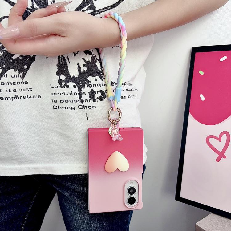 Skin Feel Gradient Rose Pink DIY Heart Shaped Phone Case with Wrist Strap, For Galaxy Z Fold8 5G, For Galaxy Z Fold8 Ultra 5G, For Galaxy Z Flip8 5G, For Galaxy Z Fold7 5G, For Galaxy Z Flip7 5G, For Galaxy Z Fold6 5G, For Galaxy Z Fold5 5G