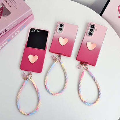 Skin Feel Gradient Rose Pink DIY Heart Shaped Phone Case with Wrist Strap, For Galaxy Z Fold8 5G, For Galaxy Z Fold8 Ultra 5G, For Galaxy Z Flip8 5G, For Galaxy Z Fold7 5G, For Galaxy Z Flip7 5G, For Galaxy Z Fold6 5G, For Galaxy Z Fold5 5G