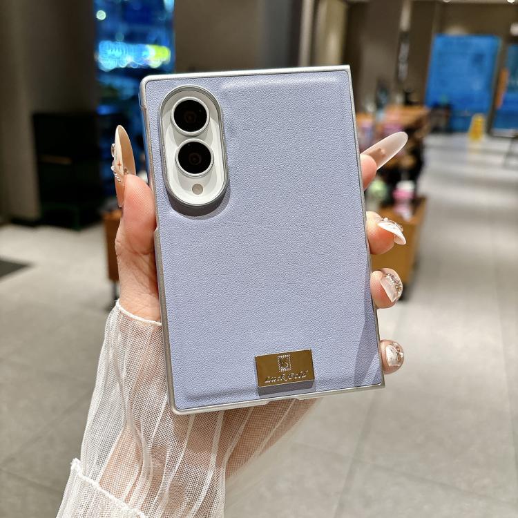Nameplate Silver Edged Morandi Solid Color Leather Textured Phone Case, For Galaxy Z Fold8 5G