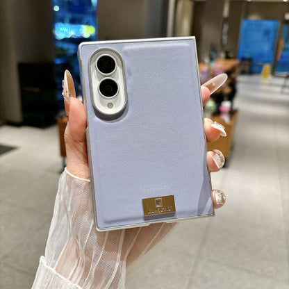 Nameplate Silver Edged Morandi Solid Color Leather Textured Phone Case, For Galaxy Z Fold8 5G