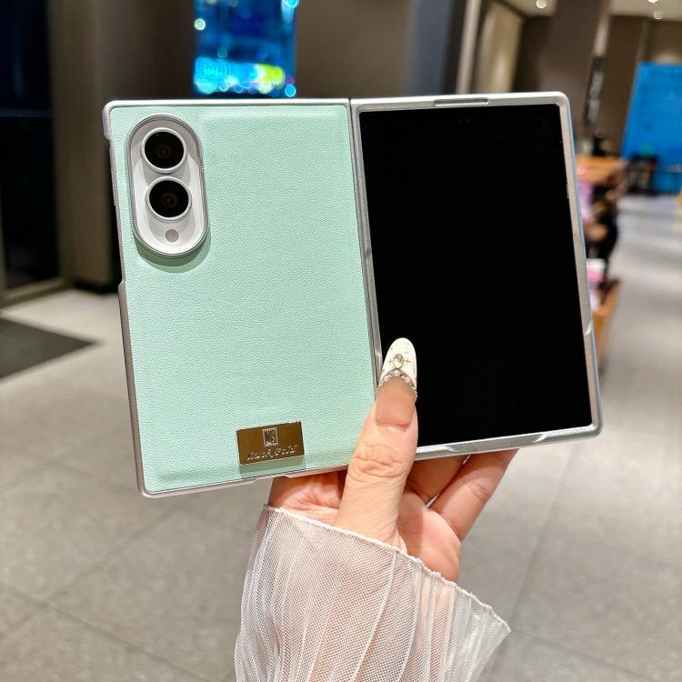 Nameplate Silver Edged Morandi Solid Color Leather Textured Phone Case, For Galaxy Z Fold8 5G