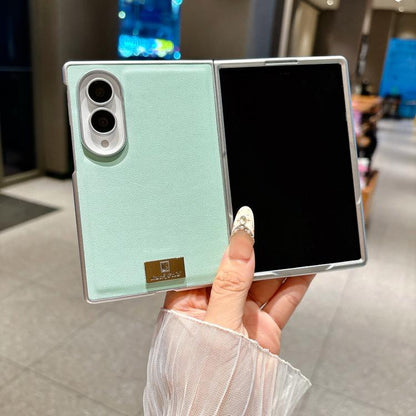 Nameplate Silver Edged Morandi Solid Color Leather Textured Phone Case, For Galaxy Z Fold8 5G