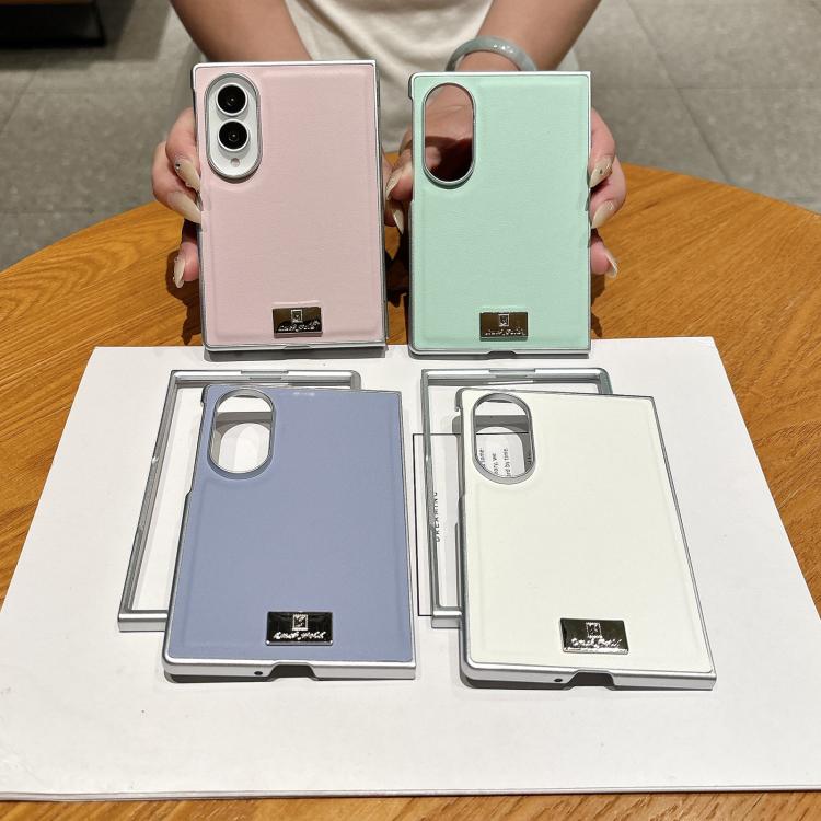 Nameplate Silver Edged Morandi Solid Color Leather Textured Phone Case, For Galaxy Z Fold8 5G