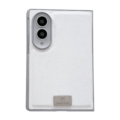 Nameplate Silver Edged Morandi Solid Color Leather Textured Phone Case, For Galaxy Z Fold8 5G