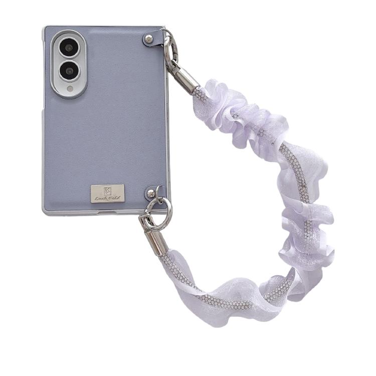 Nameplate Silver Edged Morandi Solid Color Leather Textured Phone Case with Wrist Strap, For Galaxy Z Fold8 5G