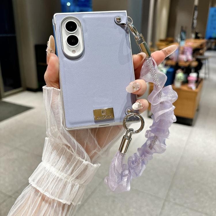 Nameplate Silver Edged Morandi Solid Color Leather Textured Phone Case with Wrist Strap, For Galaxy Z Fold8 5G