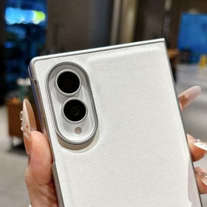 Nameplate Silver Edged Morandi Solid Color Leather Textured Phone Case with Wrist Strap, For Galaxy Z Fold8 5G