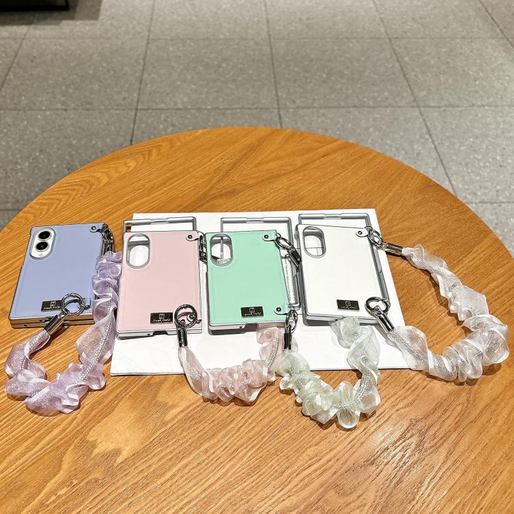 Nameplate Silver Edged Morandi Solid Color Leather Textured Phone Case with Wrist Strap, For Galaxy Z Fold8 5G