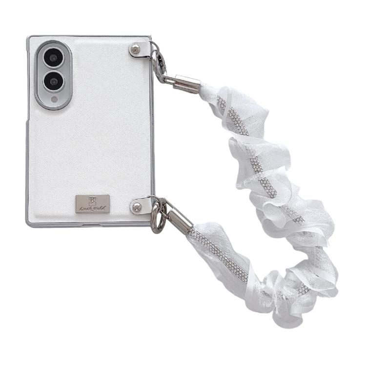 Nameplate Silver Edged Morandi Solid Color Leather Textured Phone Case with Wrist Strap, For Galaxy Z Fold8 5G