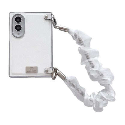 Nameplate Silver Edged Morandi Solid Color Leather Textured Phone Case with Wrist Strap, For Galaxy Z Fold8 5G