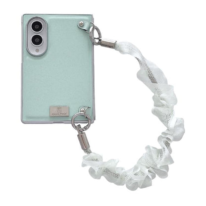 Nameplate Silver Edged Morandi Solid Color Leather Textured Phone Case with Wrist Strap, For Galaxy Z Fold8 5G