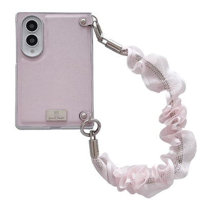 Nameplate Silver Edged Morandi Solid Color Leather Textured Phone Case with Wrist Strap, For Galaxy Z Fold8 5G