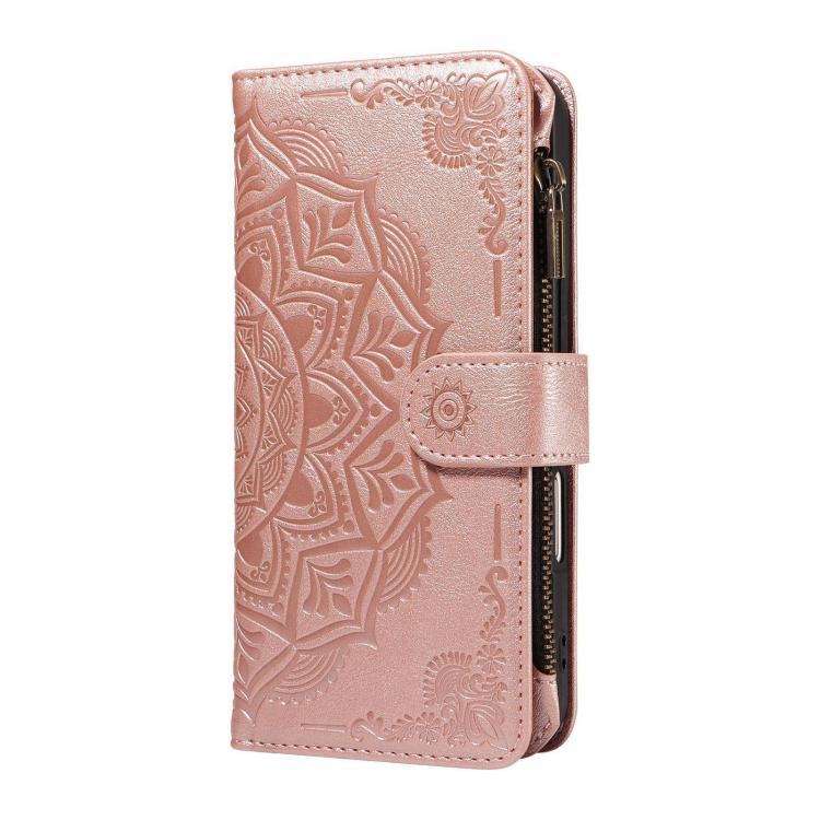Mandala Embossed 9-Card Zipper RFID Vegan Leather Phone Case with Short Lanyard, For Realme 16T 5G