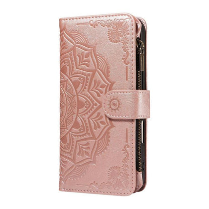 Mandala Embossed 9-Card Zipper RFID Vegan Leather Phone Case with Short Lanyard, For Realme 16T 5G