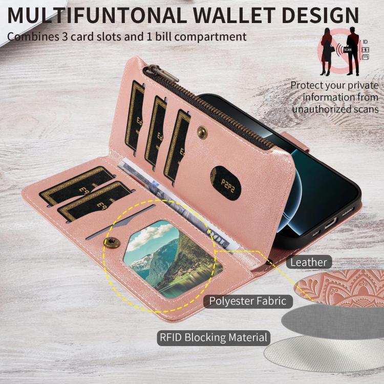 Mandala Embossed 9-Card Zipper RFID Vegan Leather Phone Case with Short Lanyard, For Realme 16T 5G, For Realme P4x 5G