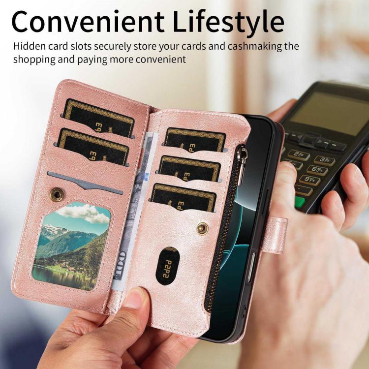 Mandala Embossed 9-Card Zipper RFID Vegan Leather Phone Case with Short Lanyard, For Realme 16T 5G, For Realme P4x 5G