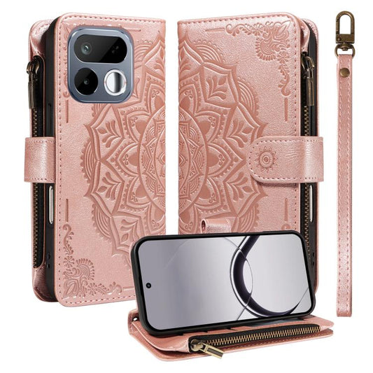 Mandala Embossed 9-Card Zipper RFID Vegan Leather Phone Case with Short Lanyard, For Realme 16T 5G, For Realme P4x 5G