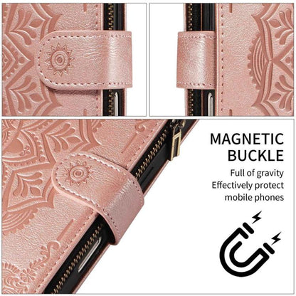 Mandala Embossed 9-Card Zipper RFID Vegan Leather Phone Case with Short Lanyard, For Realme 16T 5G, For Realme P4x 5G