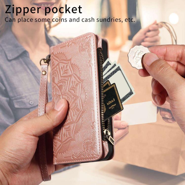 Mandala Embossed 9-Card Zipper RFID Vegan Leather Phone Case with Short Lanyard, For Realme 16T 5G, For Realme P4x 5G