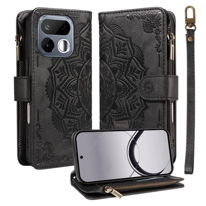 Mandala Embossed 9-Card Zipper RFID Vegan Leather Phone Case with Short Lanyard, For Realme 16T 5G, For Realme P4x 5G