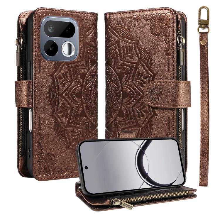 Mandala Embossed 9-Card Zipper RFID Vegan Leather Phone Case with Short Lanyard, For Realme 16T 5G