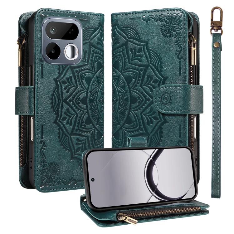 Mandala Embossed 9-Card Zipper RFID Vegan Leather Phone Case with Short Lanyard, For Realme 16T 5G, For Realme P4x 5G