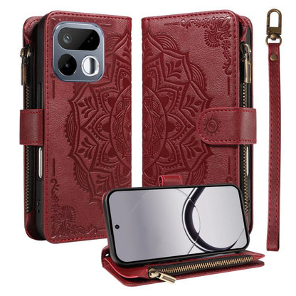 Mandala Embossed 9-Card Zipper RFID Vegan Leather Phone Case with Short Lanyard, For Realme 16T 5G, For Realme P4x 5G