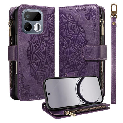 Mandala Embossed 9-Card Zipper RFID Vegan Leather Phone Case with Short Lanyard, For Realme 16T 5G, For Realme P4x 5G