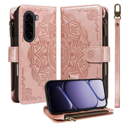 Mandala Embossed 9-Card Zipper RFID Vegan Leather Phone Case with Short Lanyard, For Realme 16T 5G, For Realme P4x 5G