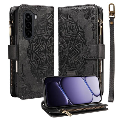 Mandala Embossed 9-Card Zipper RFID Vegan Leather Phone Case with Short Lanyard, For Realme 16T 5G, For Realme P4x 5G