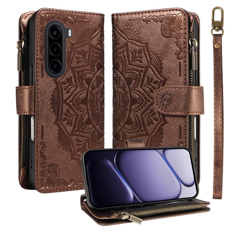 Mandala Embossed 9-Card Zipper RFID Vegan Leather Phone Case with Short Lanyard, For Realme 16T 5G, For Realme P4x 5G