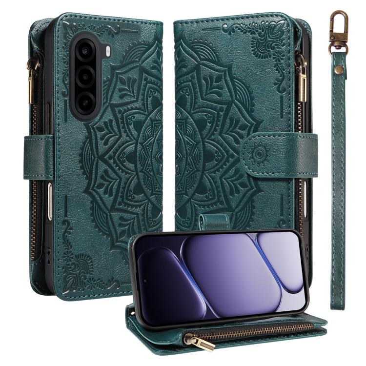 Mandala Embossed 9-Card Zipper RFID Vegan Leather Phone Case with Short Lanyard, For Realme 16T 5G, For Realme P4x 5G