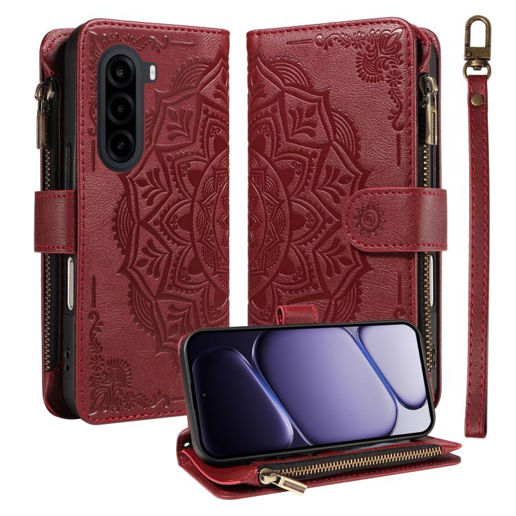 Mandala Embossed 9-Card Zipper RFID Vegan Leather Phone Case with Short Lanyard, For Realme 16T 5G, For Realme P4x 5G