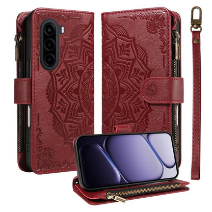 Mandala Embossed 9-Card Zipper RFID Vegan Leather Phone Case with Short Lanyard, For Realme 16T 5G, For Realme P4x 5G