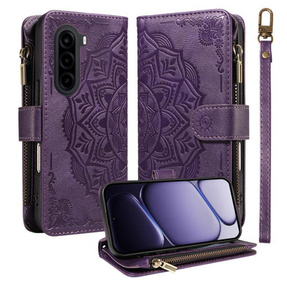 Mandala Embossed 9-Card Zipper RFID Vegan Leather Phone Case with Short Lanyard, For Realme 16T 5G, For Realme P4x 5G