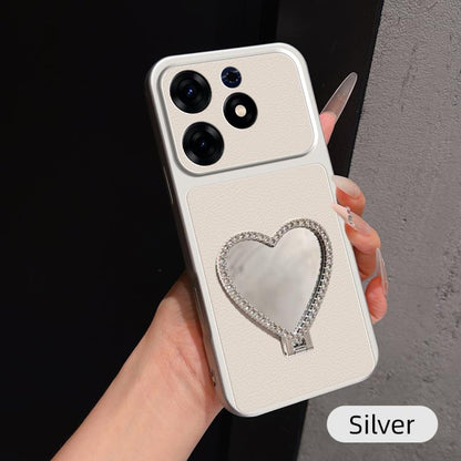 Lambskin Series Skin Feel Shockproof Phone Case with Heart Mirror Holder, For Tecno Spark 50 4G, For Tecno Camon 50 Ultra 5G, For Tecno Camon 50 4G, For Tecno Spark Go 3, For Tecno Spark Slim, For Tecno Spark 40C, For Tecno Spark 40 Pro+ 4G            ...