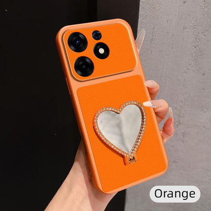 Lambskin Series Skin Feel Shockproof Phone Case with Heart Mirror Holder, For Tecno Spark 50 4G, For Tecno Camon 50 Ultra 5G, For Tecno Camon 50 4G, For Tecno Spark Go 3, For Tecno Spark Slim, For Tecno Spark 40C, For Tecno Spark 40 Pro+ 4G            ...