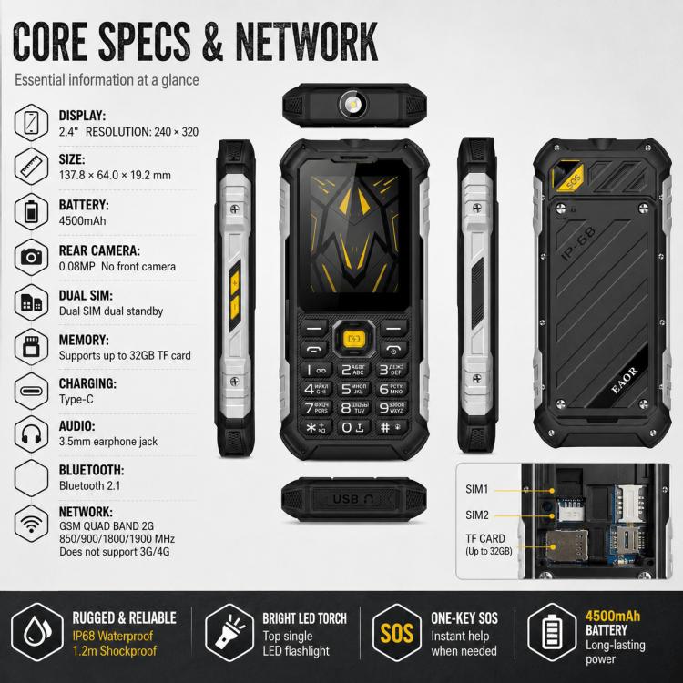 HP220 IP68 Rugged Feature Phone 2.4-inch MTK6261D Processor Supports Dual SIM 2G, 2G