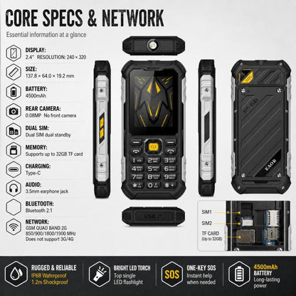 HP220 IP68 Rugged Feature Phone 2.4-inch MTK6261D Processor Supports Dual SIM 2G, 2G