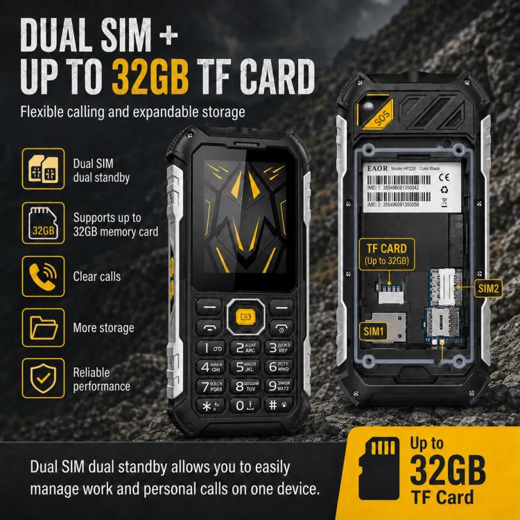 HP220 IP68 Rugged Feature Phone 2.4-inch MTK6261D Processor Supports Dual SIM 2G, 2G