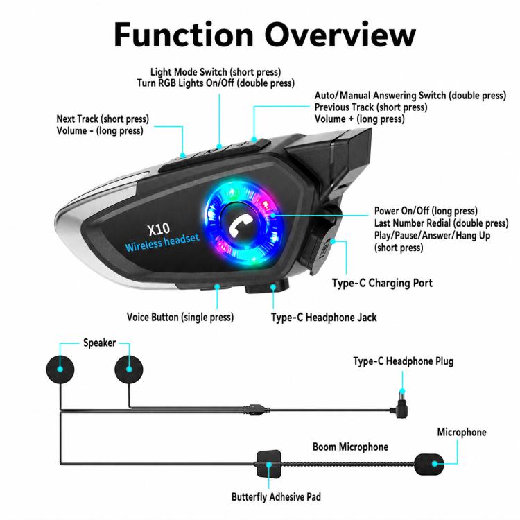 X10 Motorcycle Helmet Waterproof Bluetooth Earphone, Black Soft Mic, Black Hard Mic, Black 2 in 1