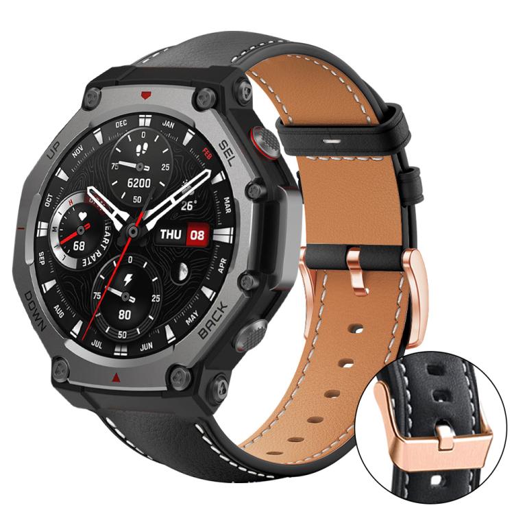 xDfind Rose Gold Buckle Black Shark Fine Grain Vegan Leather Watch Band, For Amazfit T-Rex 3