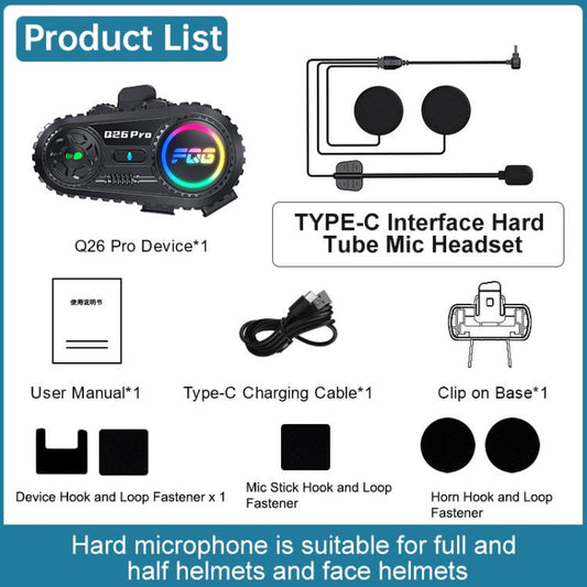 Q26 Pro Motorcycle Helmet Wireless Walkie-Talkie Bluetooth Earphone For 2-person, Hard Mic, Soft Mic, Hard + Soft Mic