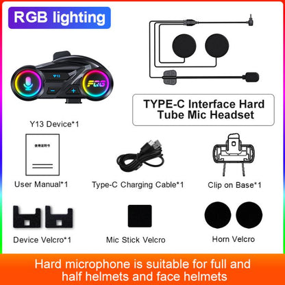Y13 Motorcycle Helmet Bluetooth Earphone with RGB Lighting, Hard Mic, Soft Mic, Hard + Soft Mic