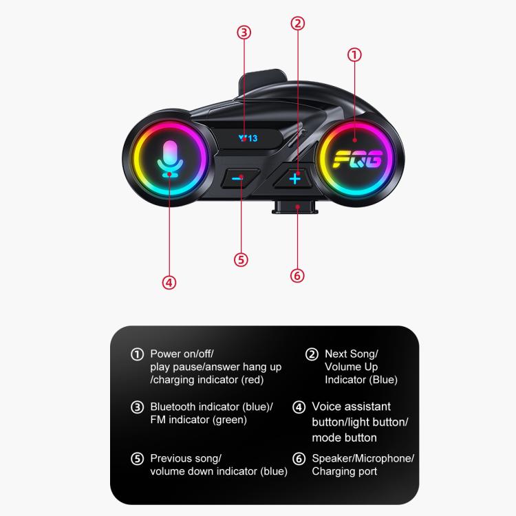 Y13 Motorcycle Helmet Bluetooth Earphone with RGB Lighting, Hard Mic, Soft Mic, Hard + Soft Mic