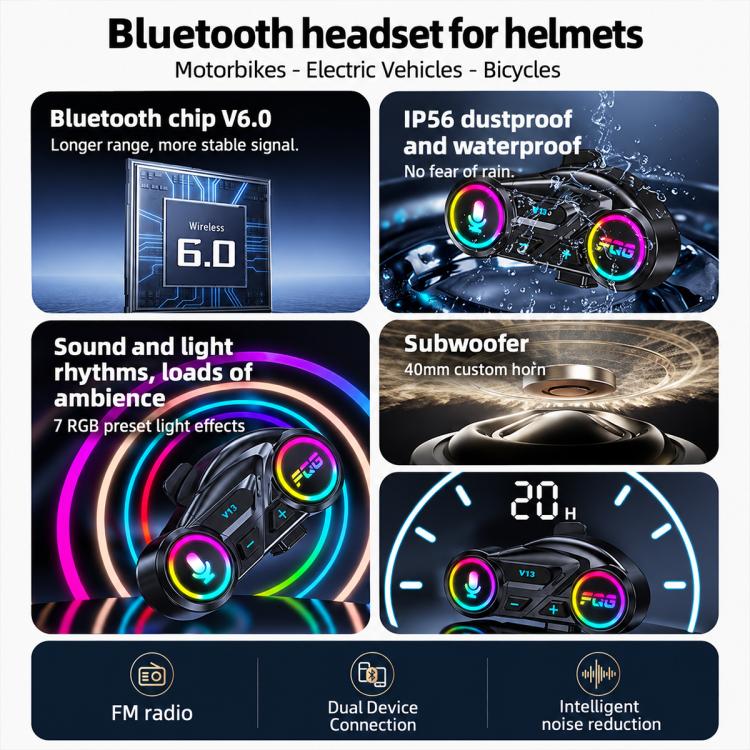 Y13 Motorcycle Helmet Bluetooth Earphone with RGB Lighting, Hard Mic, Soft Mic, Hard + Soft Mic